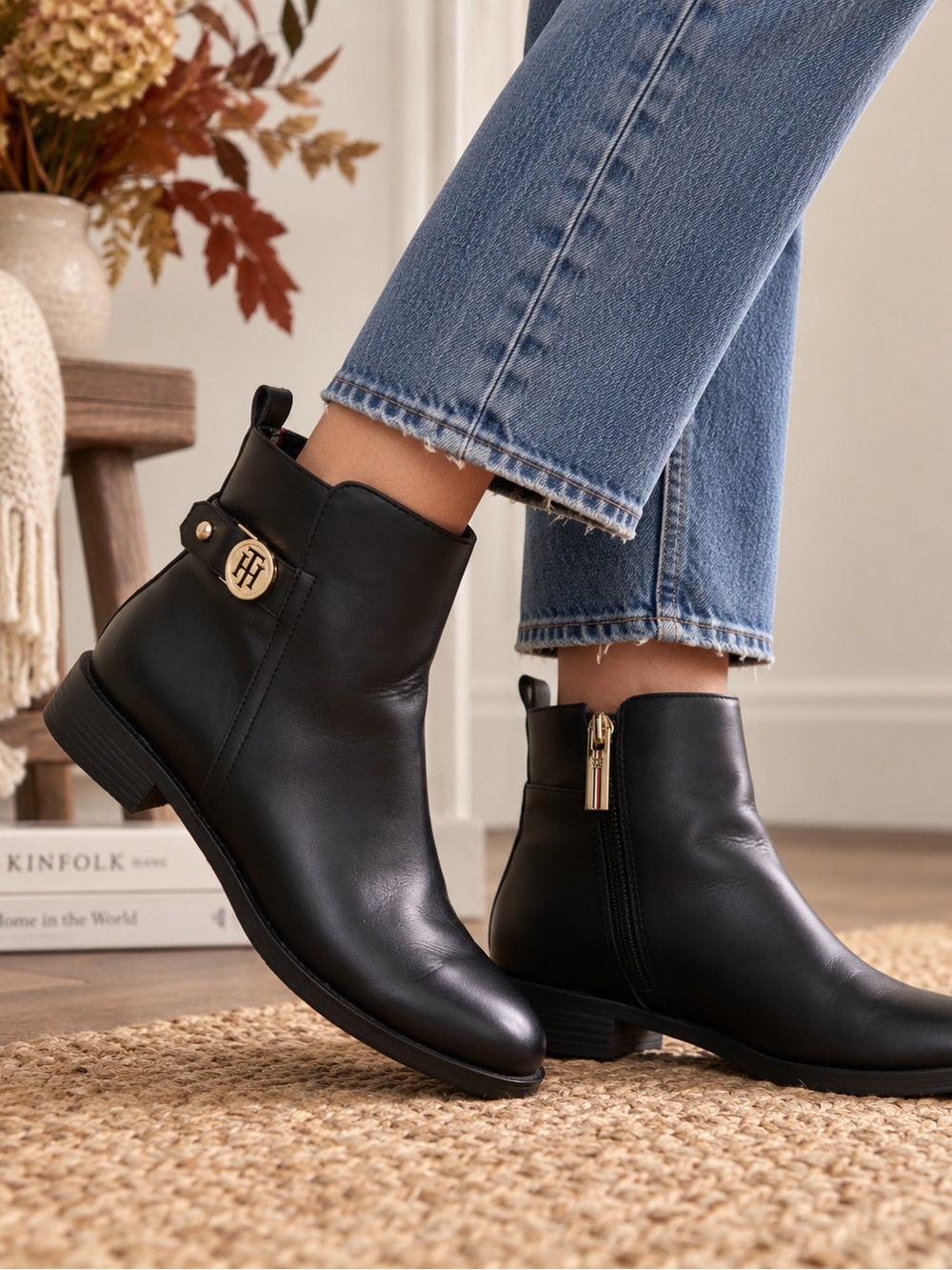 Tommy Hilfiger Black Leather Ankle Booties with Gold Logo Accent